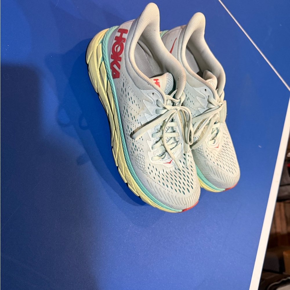 Hoka Clifton Mint Green Running Shoes with Red Accents